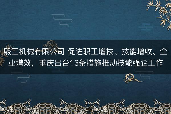 熙工机械有限公司 促进职工增技、技能增收、企业增效，重庆出台13条措施推动技能强企工作