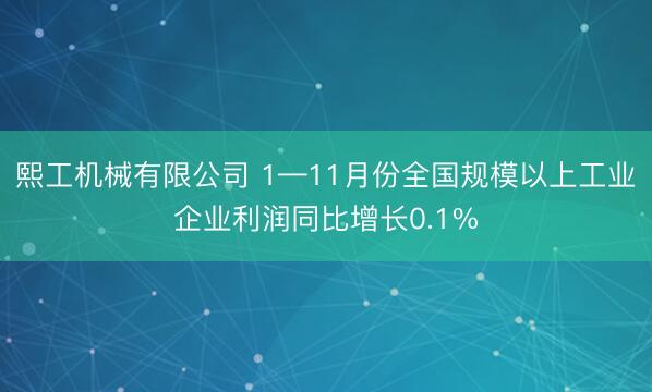 熙工机械有限公司 1—11月份全国规模以上工业企业利润同比增长0.1%